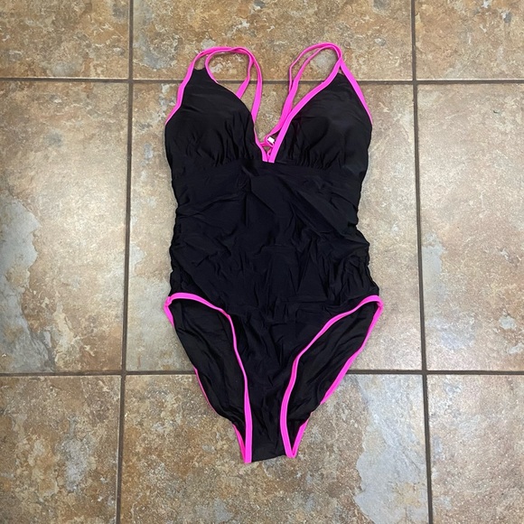 Black and Pink Women's One Piece Swimsuit - Picture 2 of 7